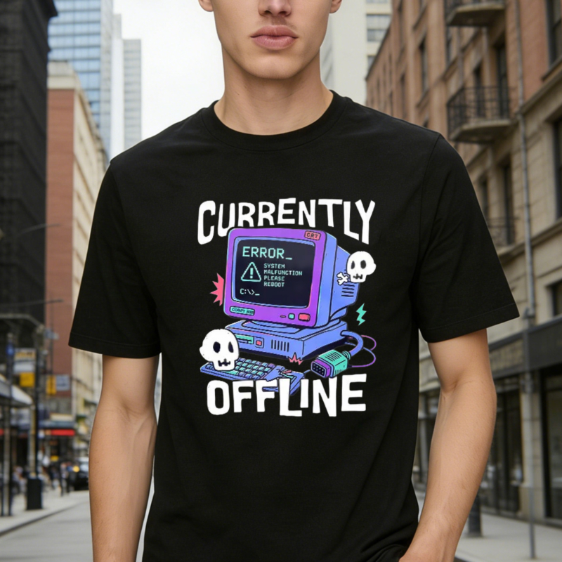 Currently Offline Retro Computer Error Screen Skull Graphic T-shirt