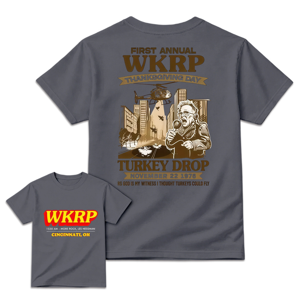 WKRP Theme 1st Annual Thanksgiving Shirt Cotton Graphic Tee - Cincinnati Themed, Basic, Relaxed Cut, Casual Fit, Comfortable, Short Sleeve, Round Neck, , Sports Top