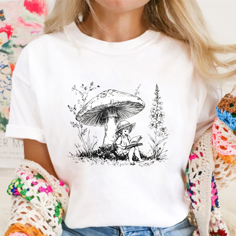Mushroom And Girl Reading Book Illustration, Unisex Classic T-shirt