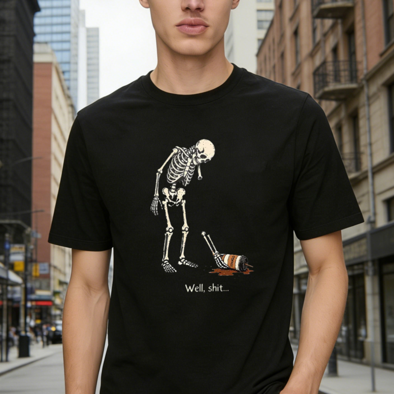 Skeleton Spilling Coffee Cup Well Shit Funny Quote Graphic T-shirt