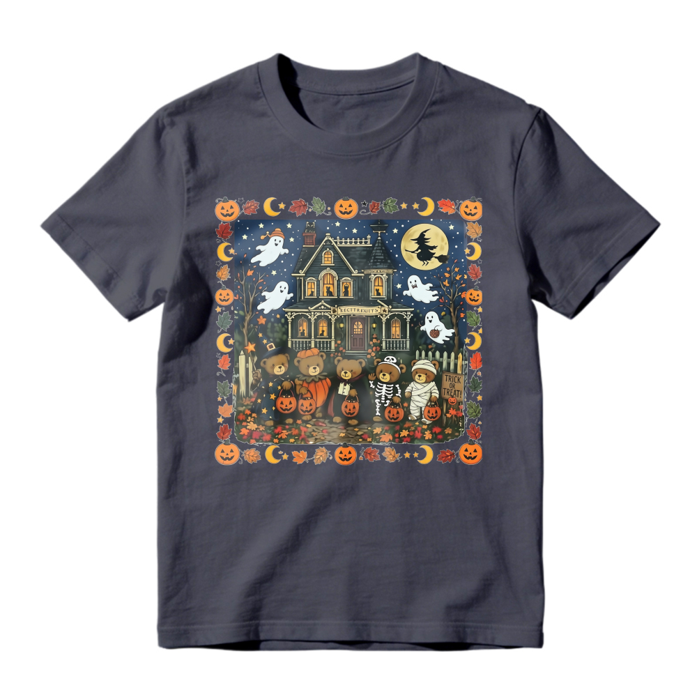Halloween Haunted House With Ghosts Pumpkins And Kids In Costumes Unisex Classic T Shirt