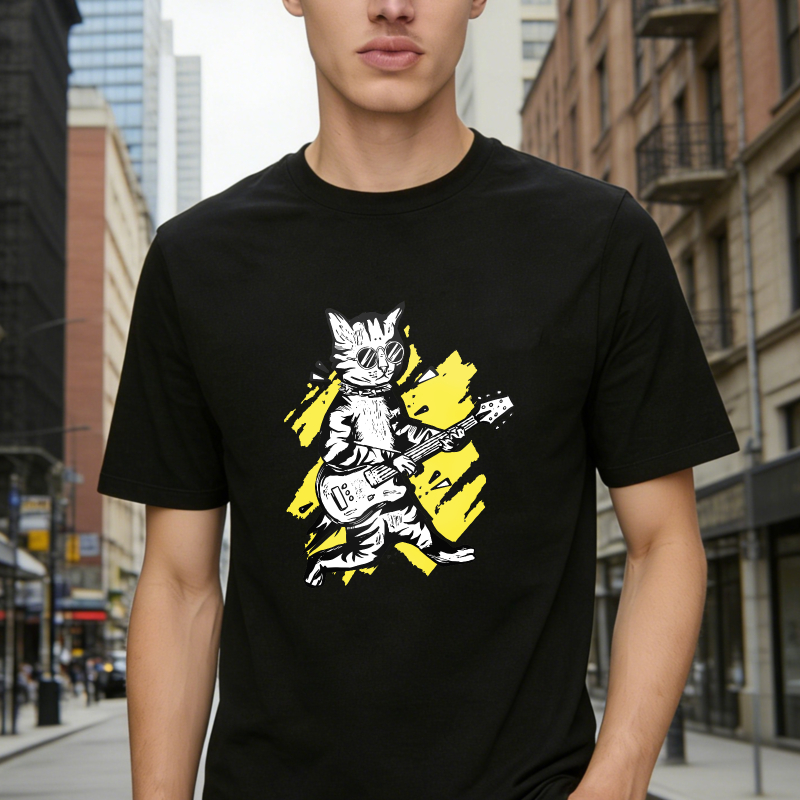 Cool Cat Playing Electric Guitar With Yellow Splash Art Unisex Classic T-shirt