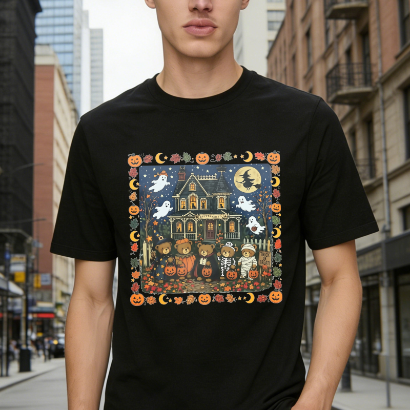 Halloween Haunted House With Ghosts Pumpkins And Kids In Costumes Unisex Classic T Shirt