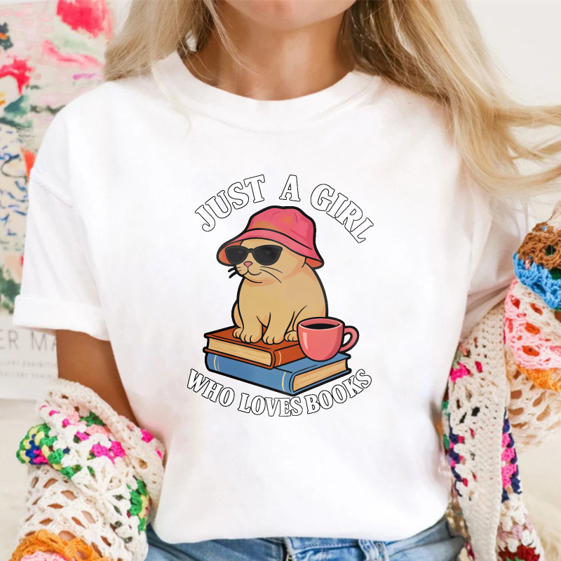 Cute Cat With Books And Coffee, Just A Girl Who Loves Books Quote, Unisex Classic T-shirt