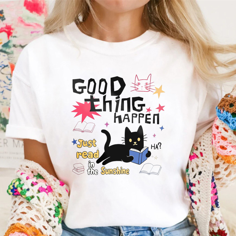 Good Thing Happen Just Read In The Sunshine Black Cat Book Lover Graphic, Unisex Classic T-shirt