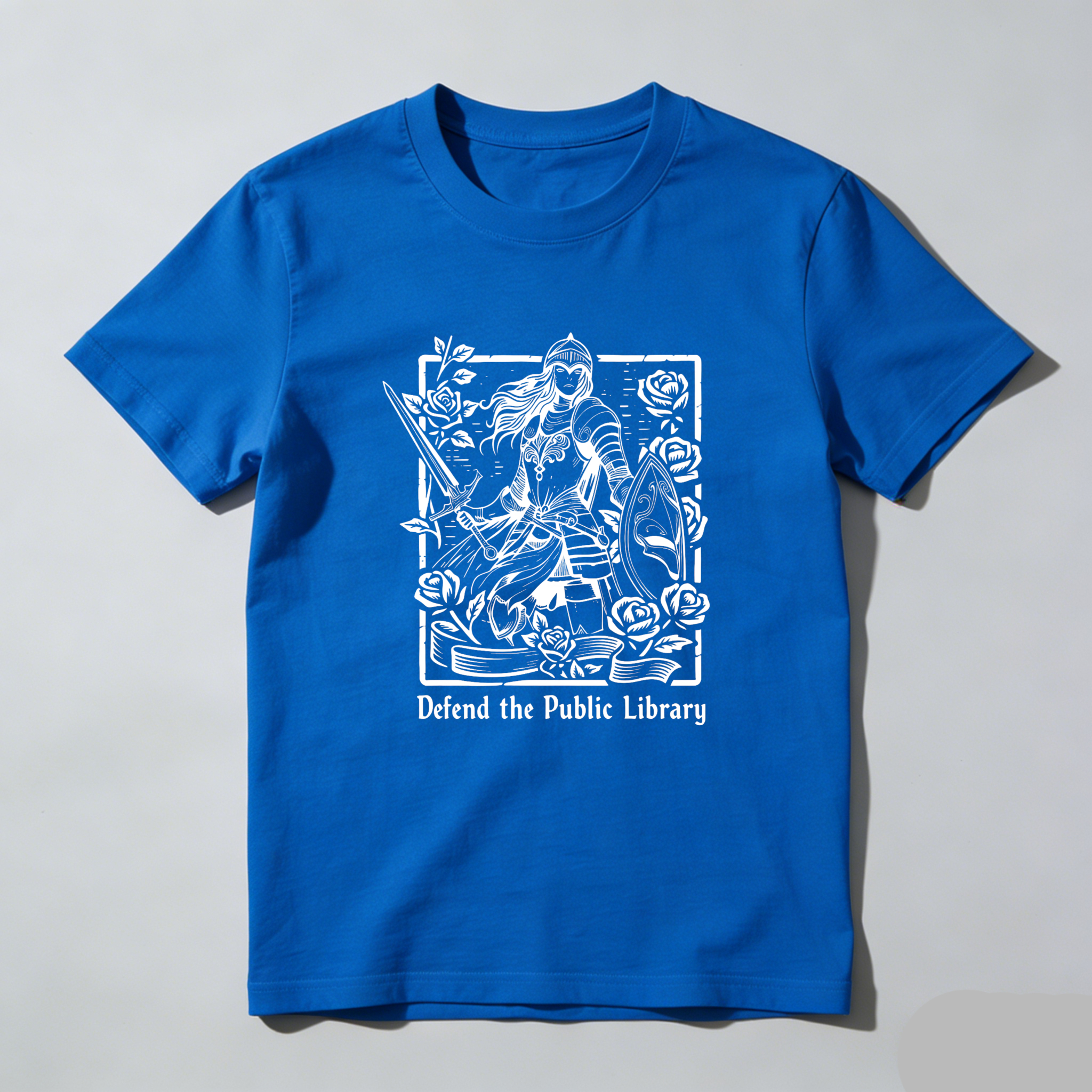 Wardrobecart Defend The Public Library Warrior With Sword And Roses tshirt