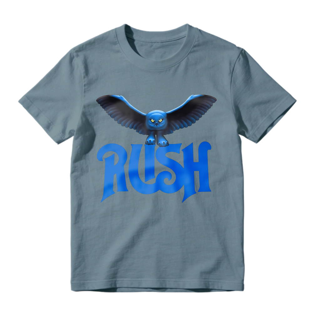 Blue Owl Bird With Rush Text Graphic T-shirt