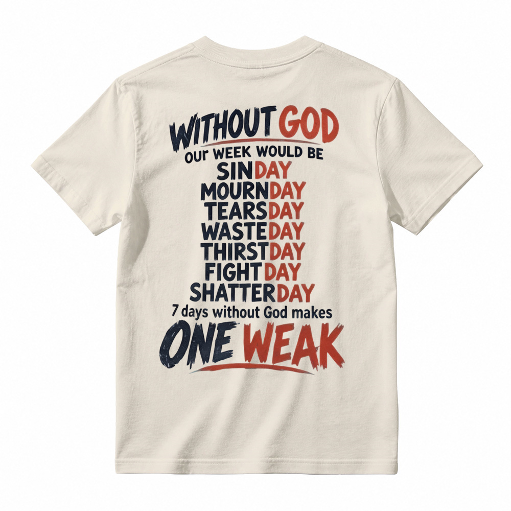 Without God 7 Days Makes One Weak Christian Graphic T-Shirt - Faith Based Short Sleeve Tee