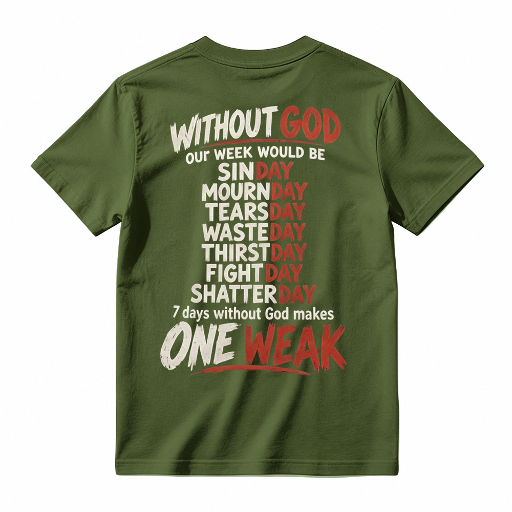 Without God 7 Days Makes One Weak Christian Graphic T-Shirt - Faith Based Short Sleeve Tee