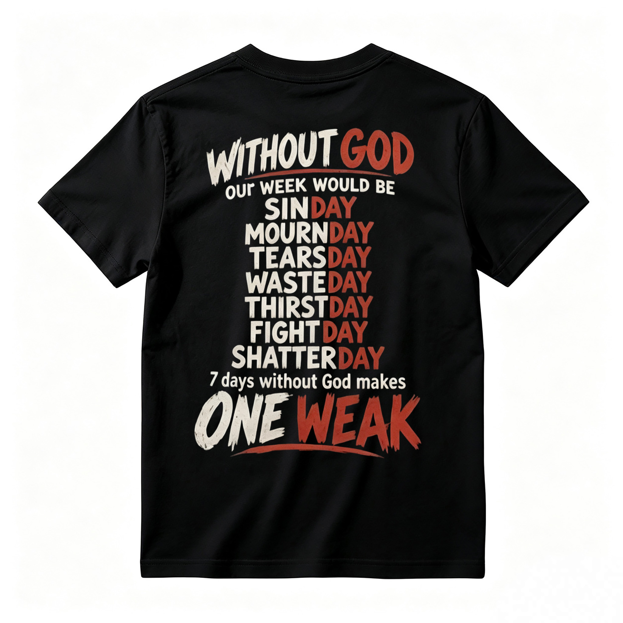 Without God 7 Days Makes One Weak Christian Graphic T-Shirt - Faith Based Short Sleeve Tee