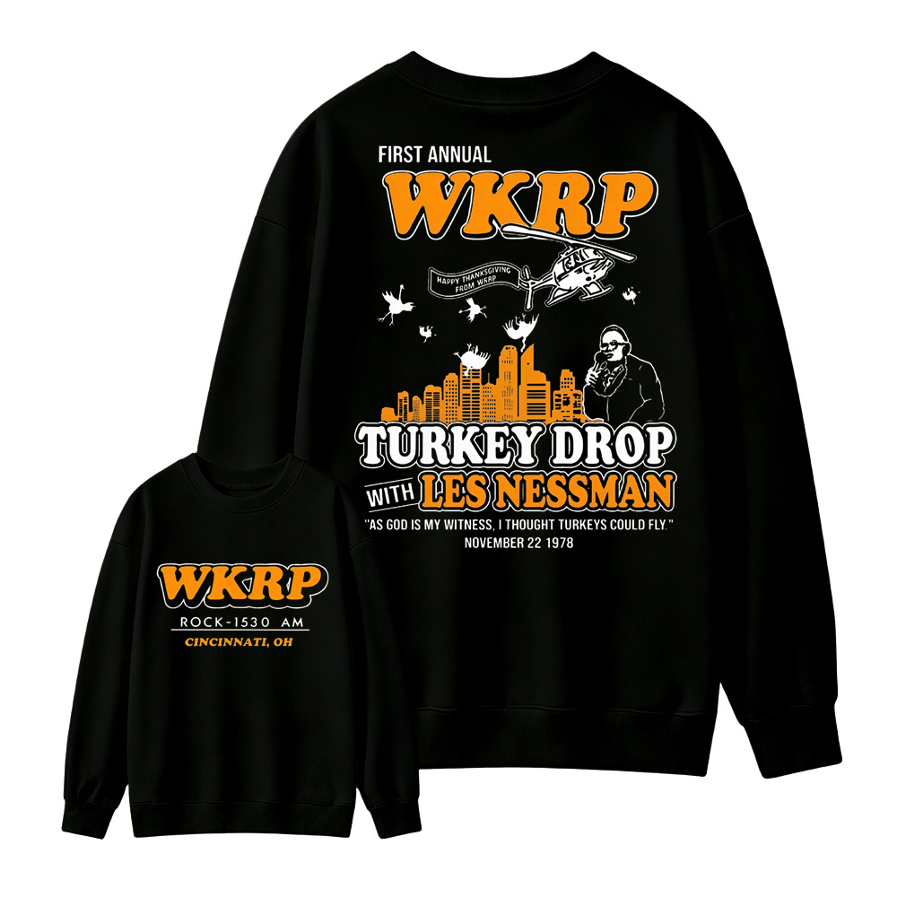 WKRP Turkey Drop T-Shirt, Les Nessman Thanksgiving Graphic Tee Sweatshirt