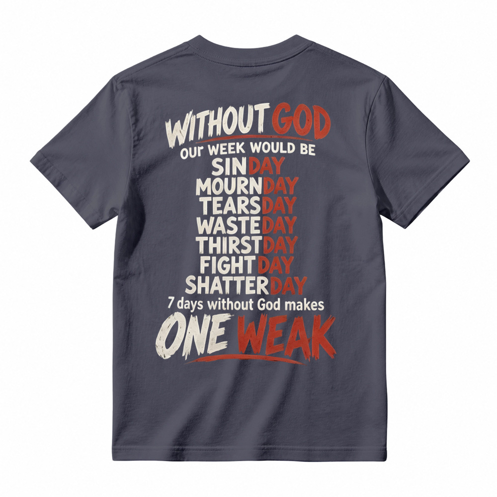 Without God 7 Days Makes One Weak Christian Graphic T-Shirt - Faith Based Short Sleeve Tee