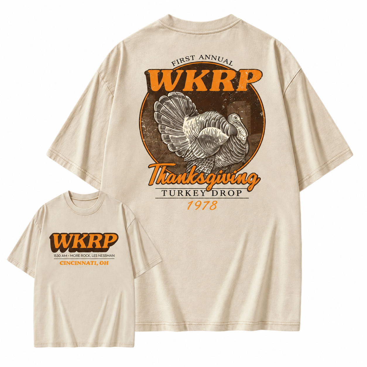 First Annual Wkrp Turkey Drop Two Sides T-shirt, Thanksgiving Wkrp Vintage Tee, Graphic Streetwear Washed T-shirt