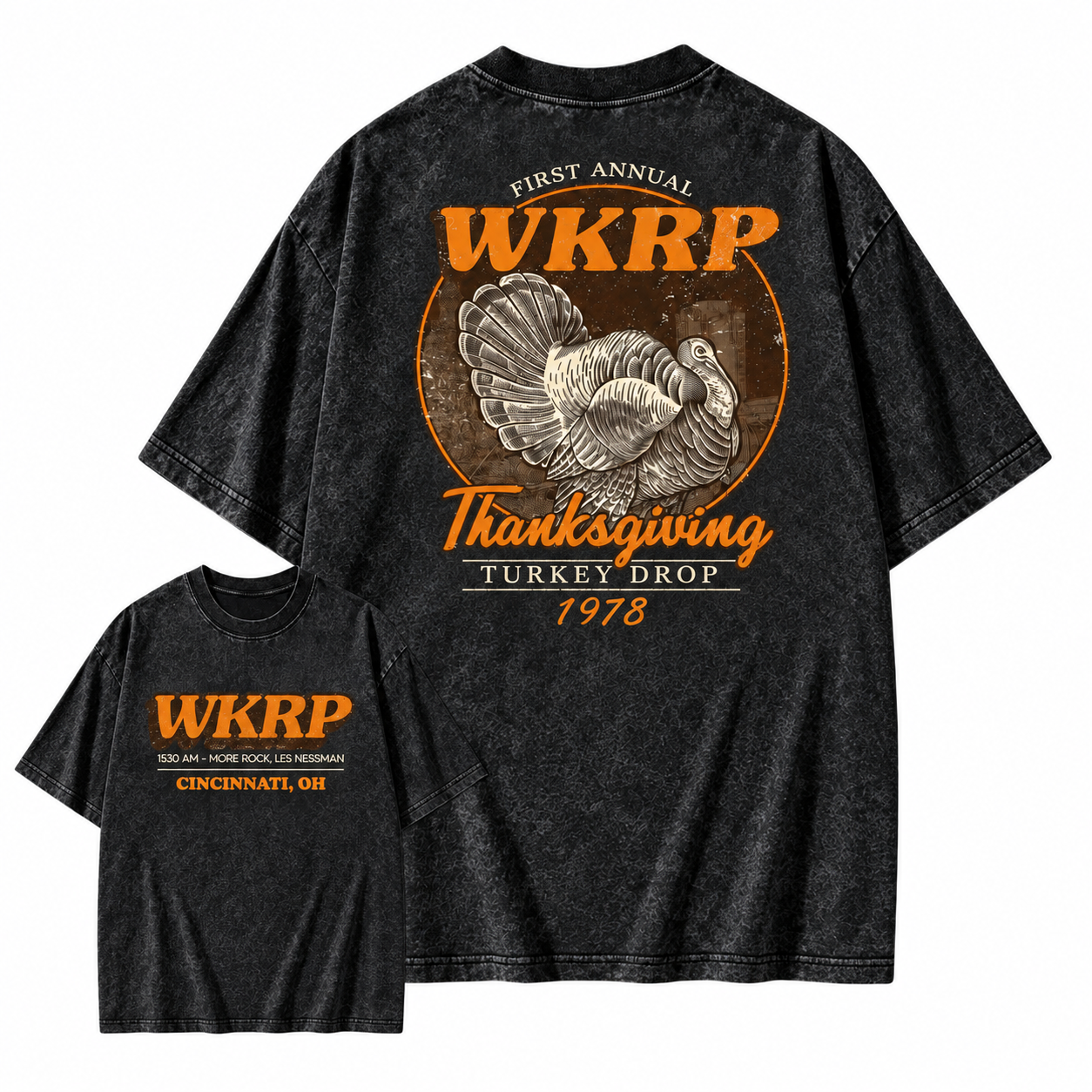 First Annual Wkrp Turkey Drop Two Sides T-shirt, Thanksgiving Wkrp Vintage Tee, Graphic Streetwear Washed T-shirt