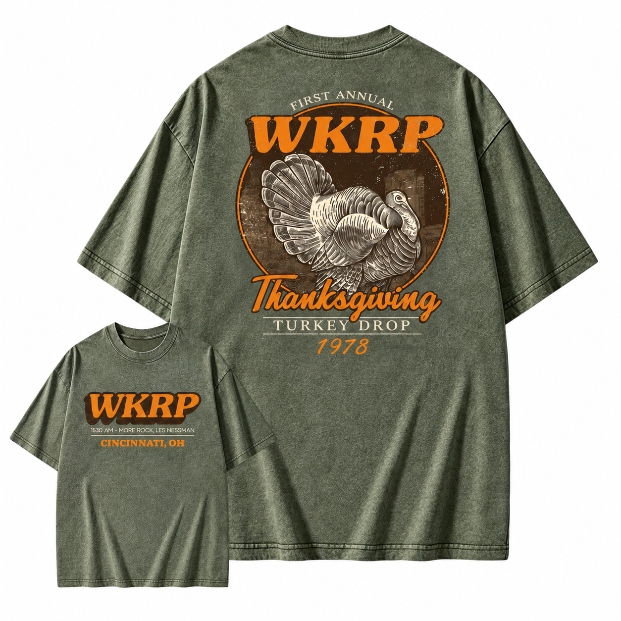 First Annual Wkrp Turkey Drop Two Sides T-shirt, Thanksgiving Wkrp Vintage Tee, Graphic Streetwear Washed T-shirt