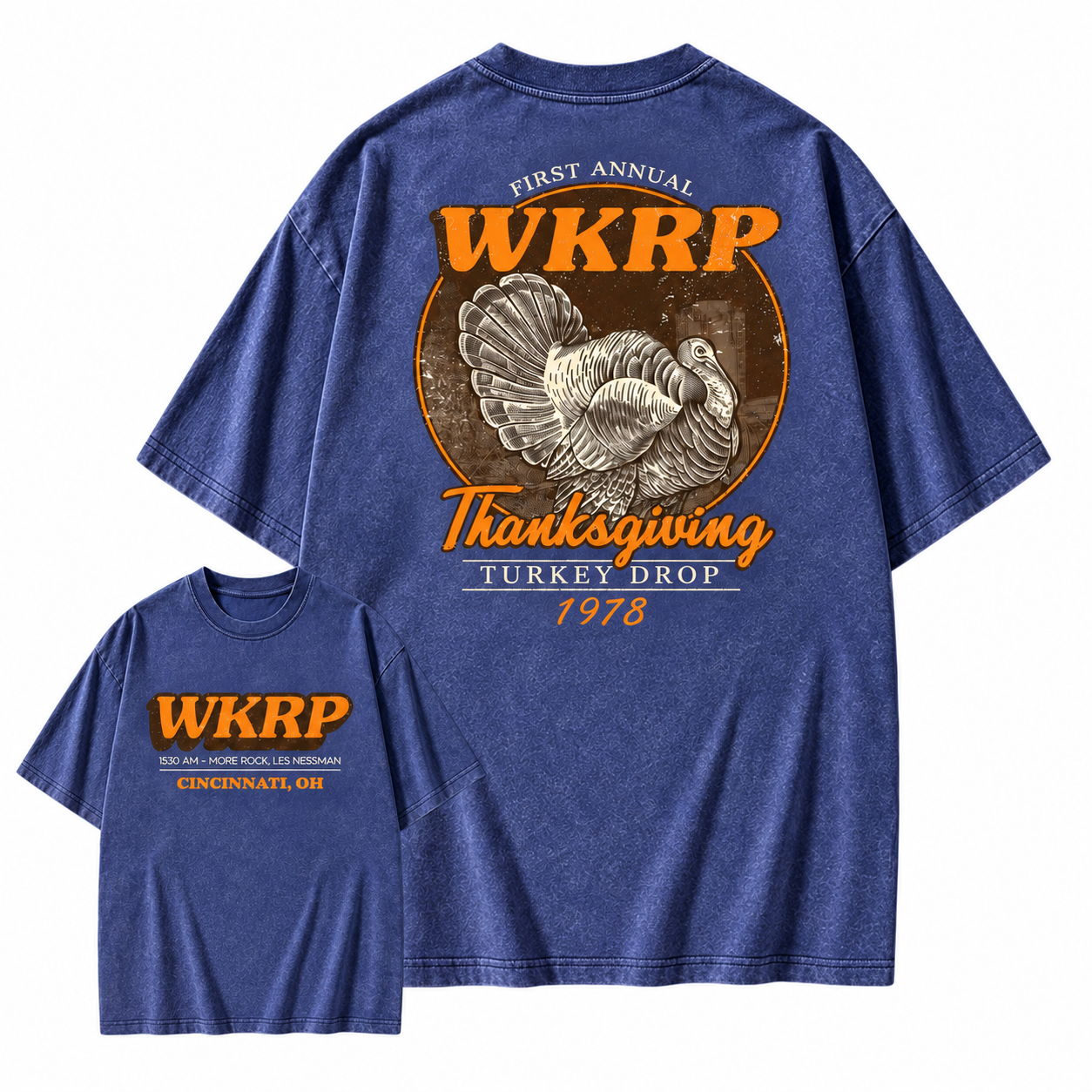 First Annual Wkrp Turkey Drop Two Sides T-shirt, Thanksgiving Wkrp Vintage Tee, Graphic Streetwear Washed T-shirt