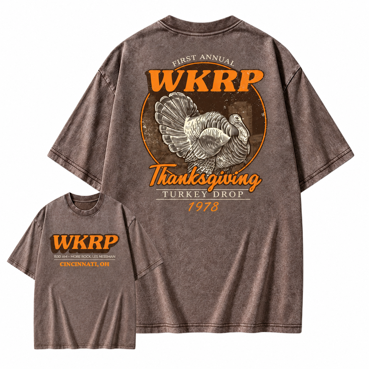 First Annual Wkrp Turkey Drop Two Sides T-shirt, Thanksgiving Wkrp Vintage Tee, Graphic Streetwear Washed T-shirt