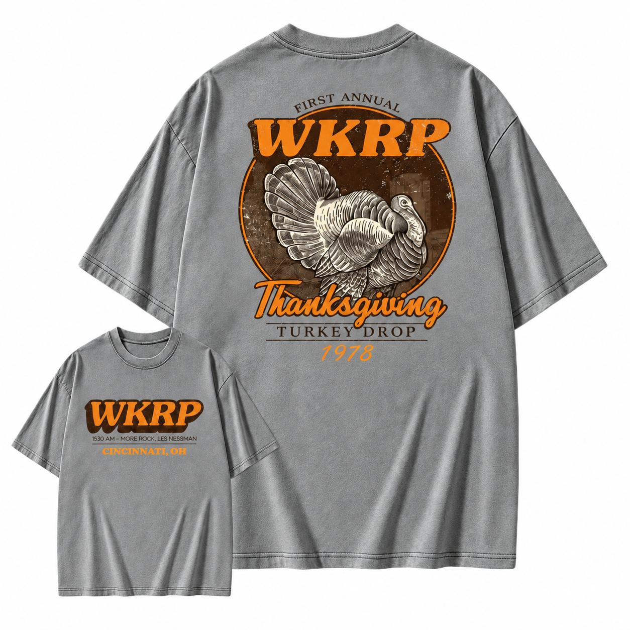 First Annual Wkrp Turkey Drop Two Sides T-shirt, Thanksgiving Wkrp Vintage Tee, Graphic Streetwear Washed T-shirt
