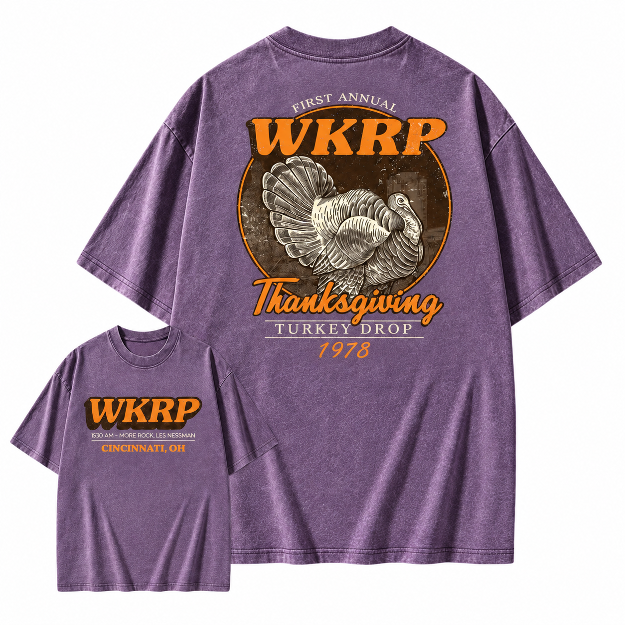 First Annual Wkrp Turkey Drop Two Sides T-shirt, Thanksgiving Wkrp Vintage Tee, Graphic Streetwear Washed T-shirt