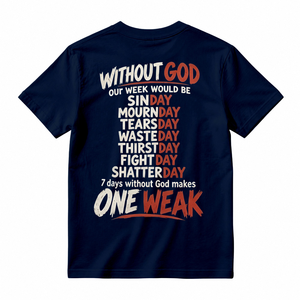 Without God 7 Days Makes One Weak Christian Graphic T-Shirt - Faith Based Short Sleeve Tee