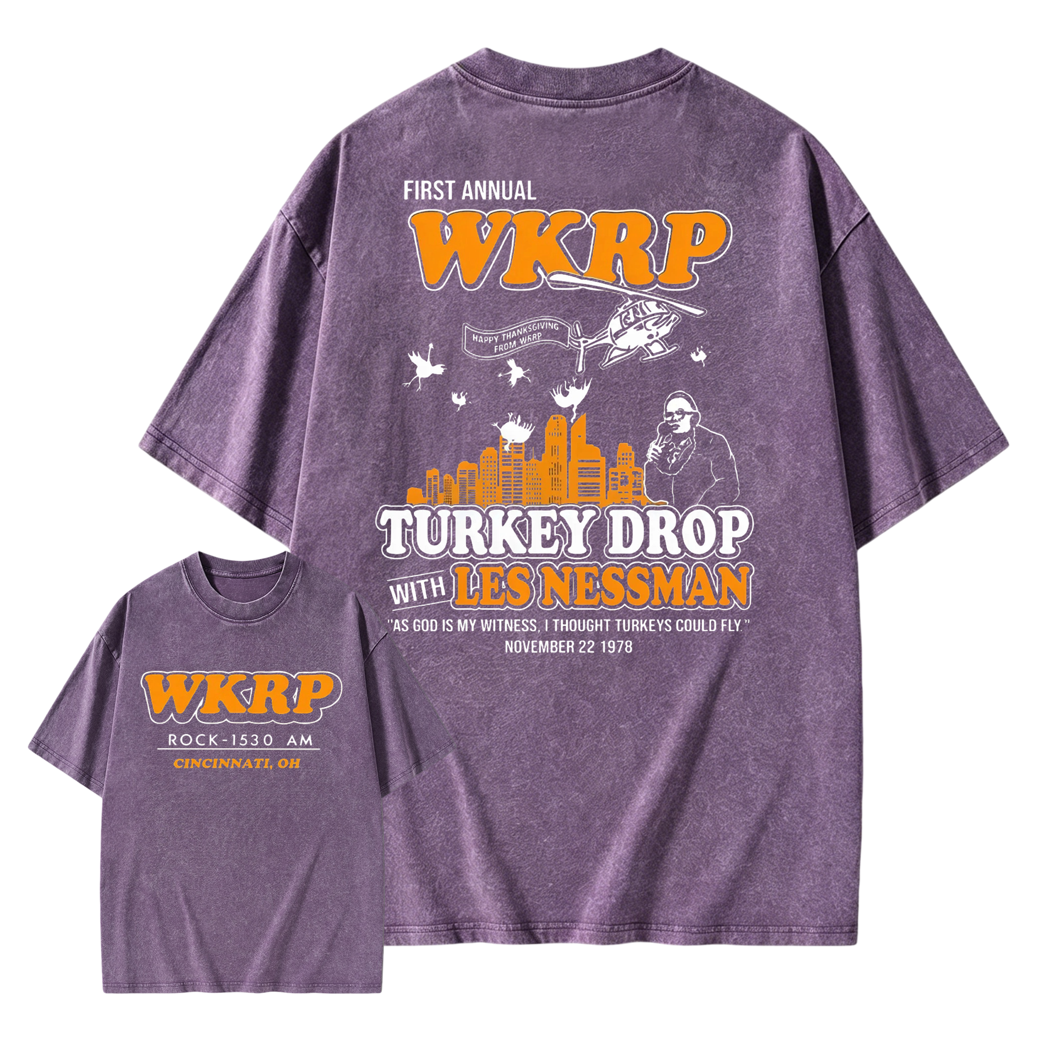 WKRP Turkey Drop T-Shirt, Les Nessman Thanksgiving Graphic Washed T-shirt