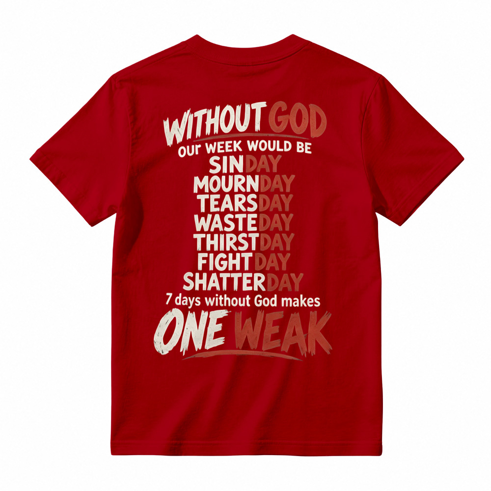 Without God 7 Days Makes One Weak Christian Graphic T-Shirt - Faith Based Short Sleeve Tee