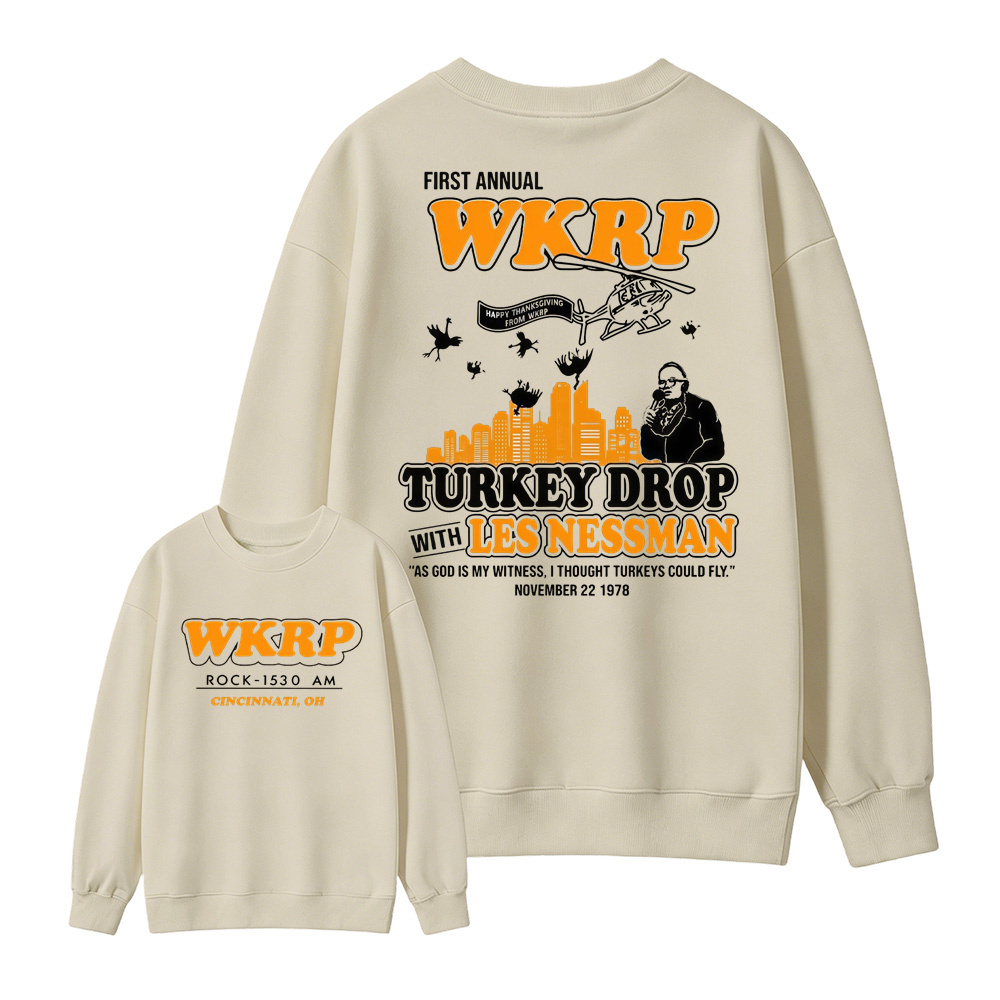 WKRP Turkey Drop T-Shirt, Les Nessman Thanksgiving Graphic Tee Sweatshirt