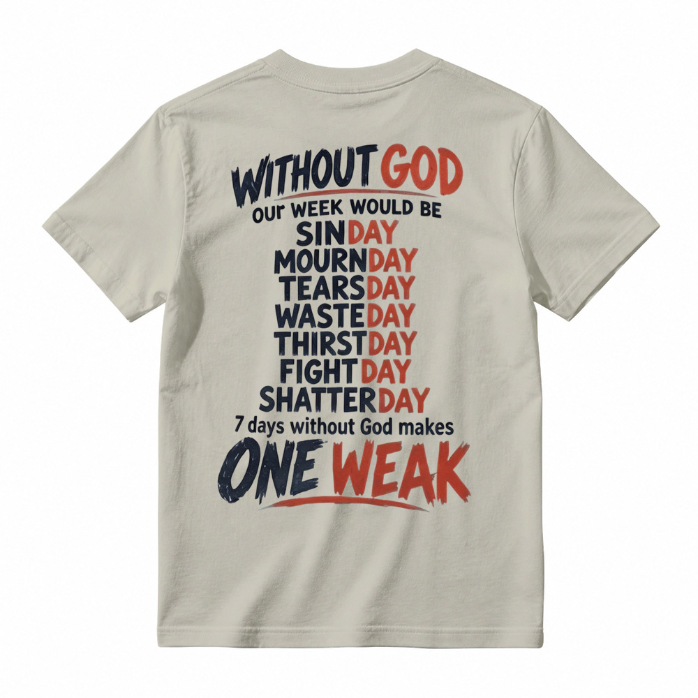 Without God 7 Days Makes One Weak Christian Graphic T-Shirt - Faith Based Short Sleeve Tee