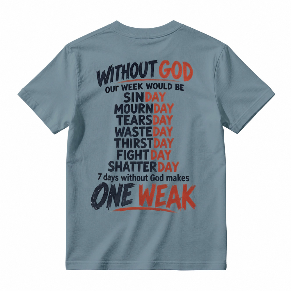 Without God 7 Days Makes One Weak Christian Graphic T-Shirt - Faith Based Short Sleeve Tee
