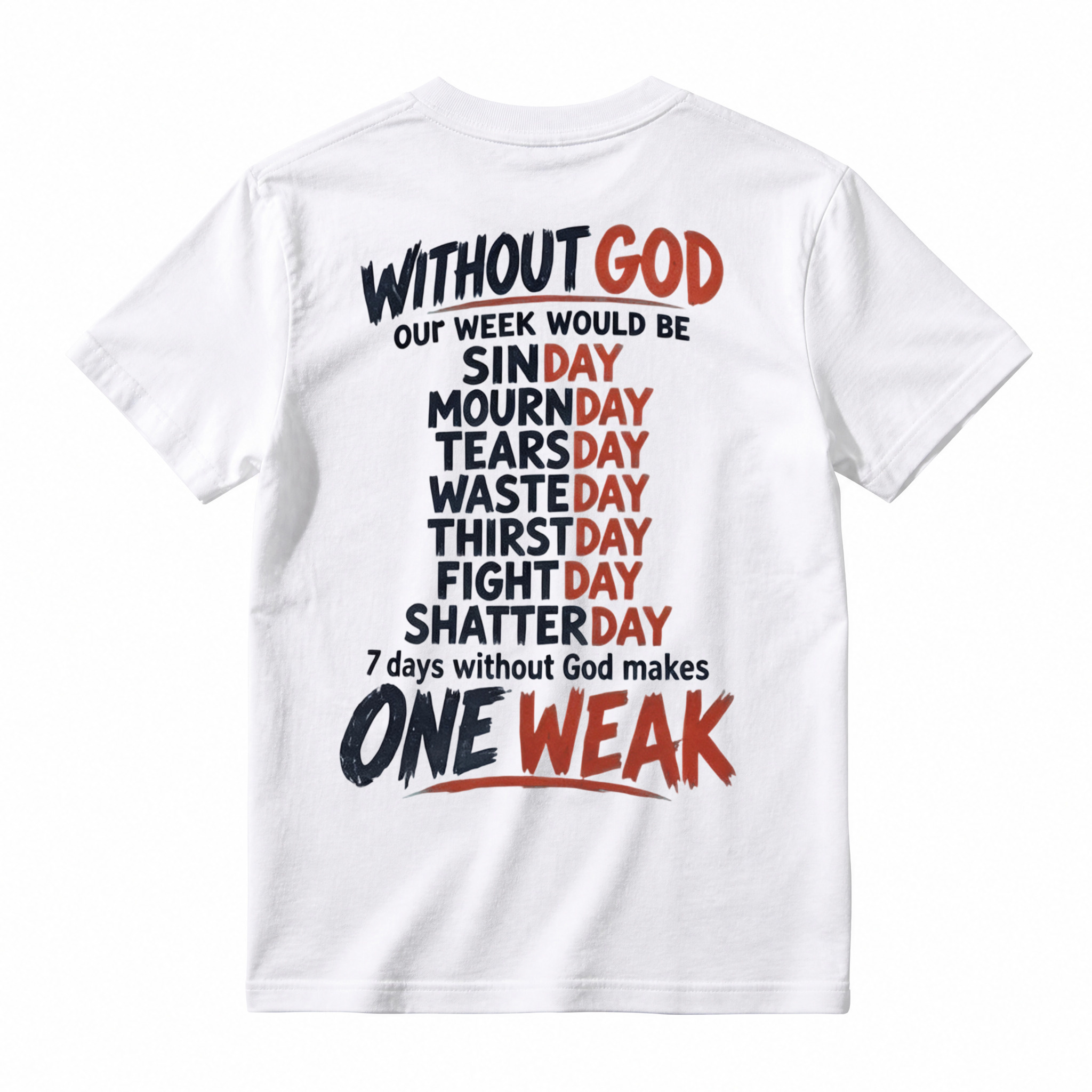 Without God 7 Days Makes One Weak Christian Graphic T-Shirt - Faith Based Short Sleeve Tee
