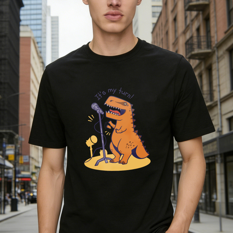 Cute Orange Dinosaur Singing Into Microphone With Its My Turn Text Unisex Classic T-shirt