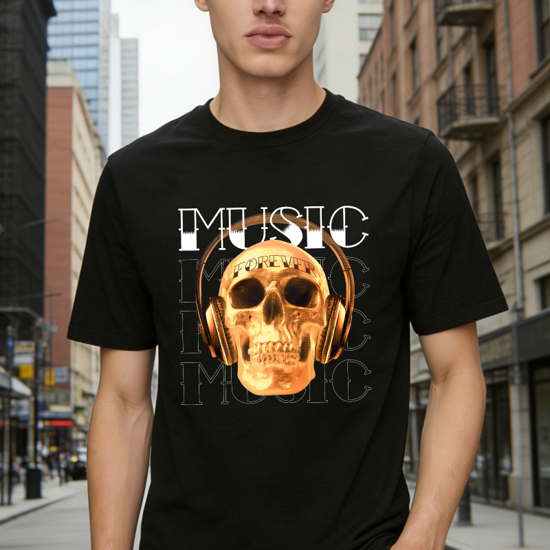 Golden Skull With Headphones And Music Text Unisex Classic T-shirt