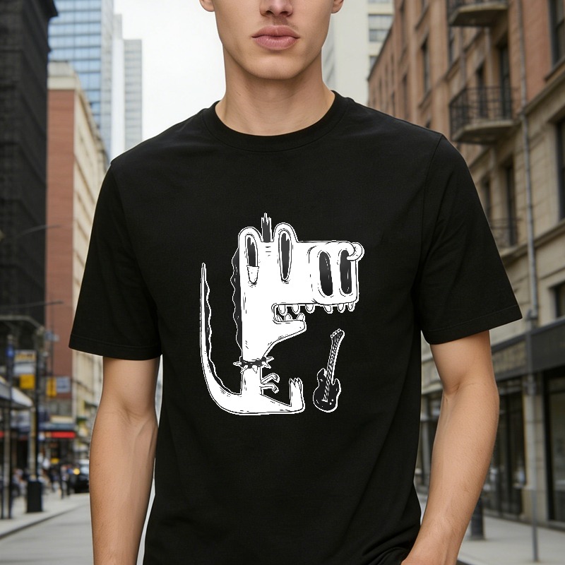 White Cartoon Dinosaur With Guitar Graphic Unisex Classic T-shirt
