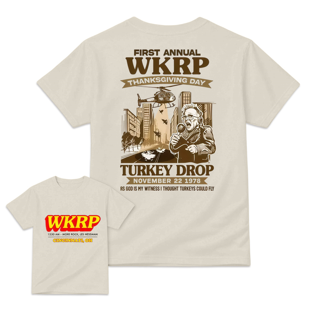 WKRP Theme 1st Annual Thanksgiving Shirt Cotton Graphic Tee - Cincinnati Themed, Basic, Relaxed Cut, Casual Fit, Comfortable, Short Sleeve, Round Neck, , Sports Top