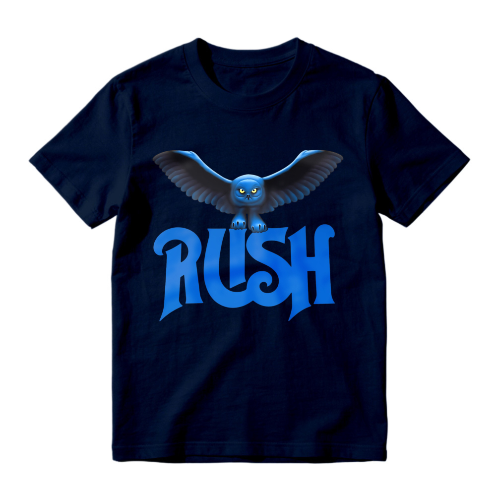 Blue Owl Bird With Rush Text Graphic T-shirt
