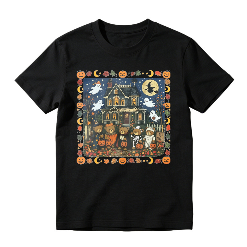 Halloween Haunted House With Ghosts Pumpkins And Kids In Costumes Unisex Classic T Shirt