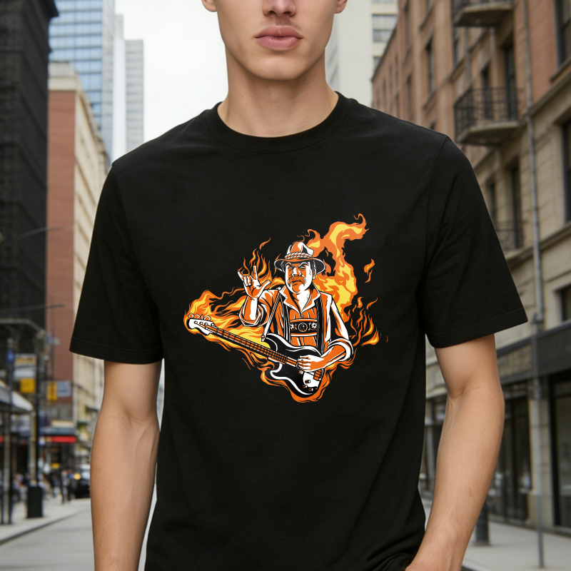 Flaming Firefighter Playing Electric Guitar Graphic Unisex Classic T-shirt