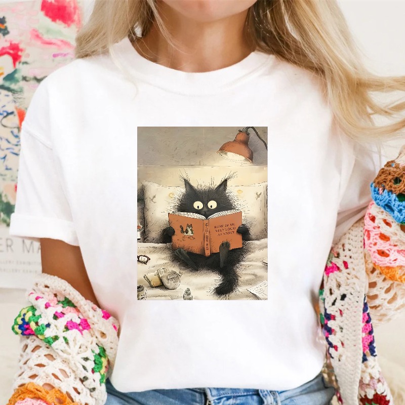 Cute Black Cat Reading Book Illustration, Unisex Classic T-shirt