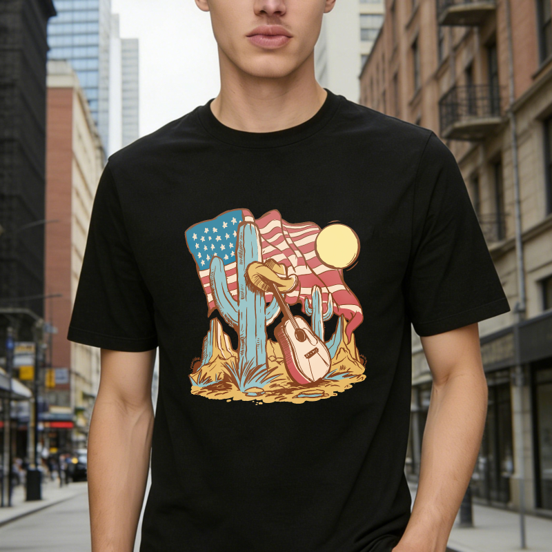 American Flag Cactus Guitar Desert Sun Graphic Unisex Classic T-shirt