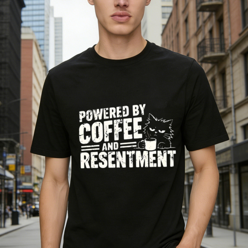 Powered By Coffee And Resentment Funny Cat Graphic T-shirt