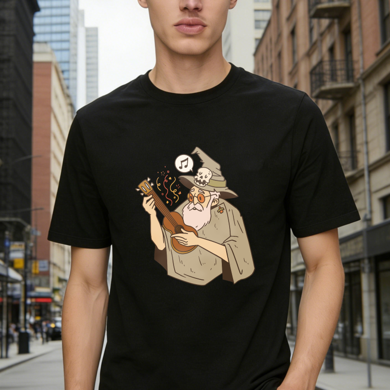 Wizard Playing Guitar With Musical Notes And Skull On Hat Unisex Classic T Shirt