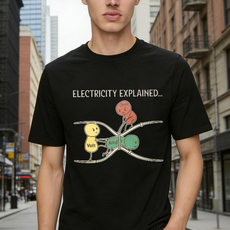 Electricity Explained Volt Ohm Amp Cartoon Science Humor T-shirt