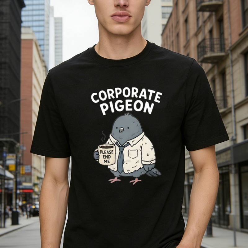 Corporate Pigeon Holding Coffee Cup Please End Me Funny Office Worker Bird Graphic T-shirt