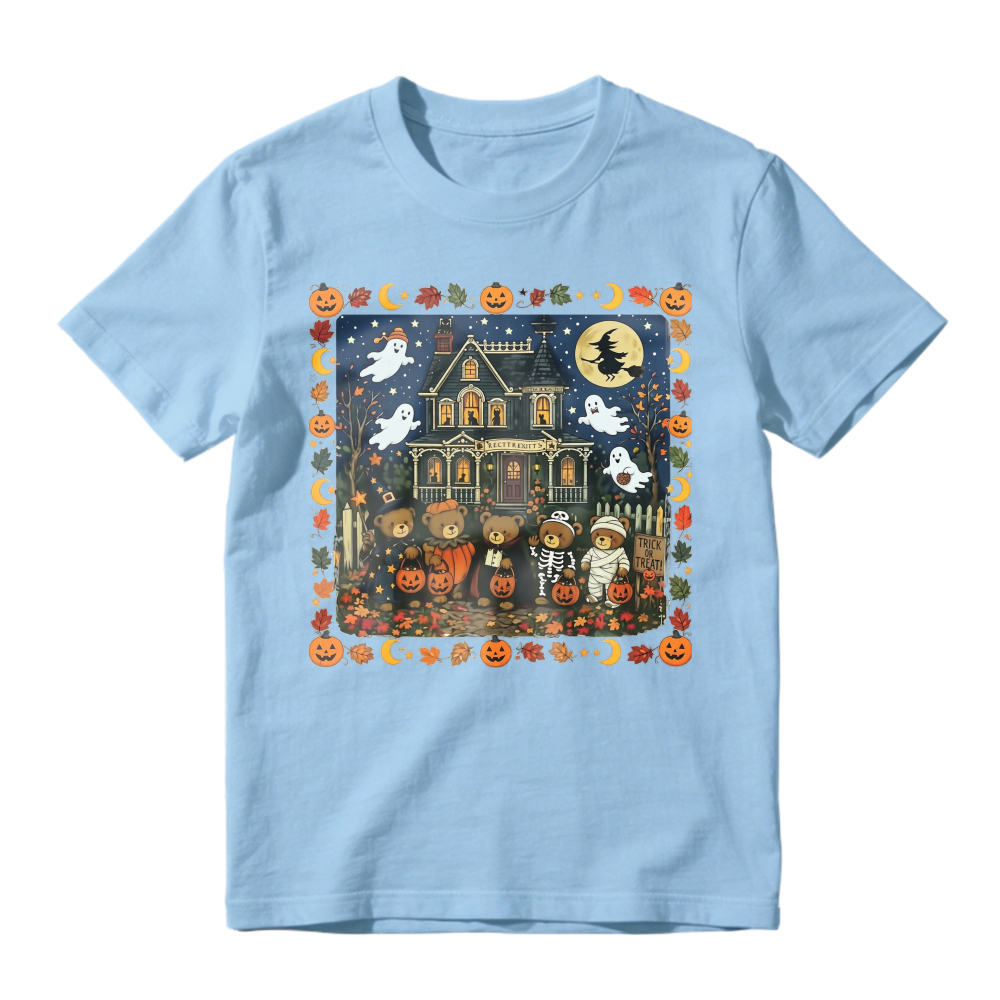 Halloween Haunted House With Ghosts Pumpkins And Kids In Costumes Unisex Classic T Shirt