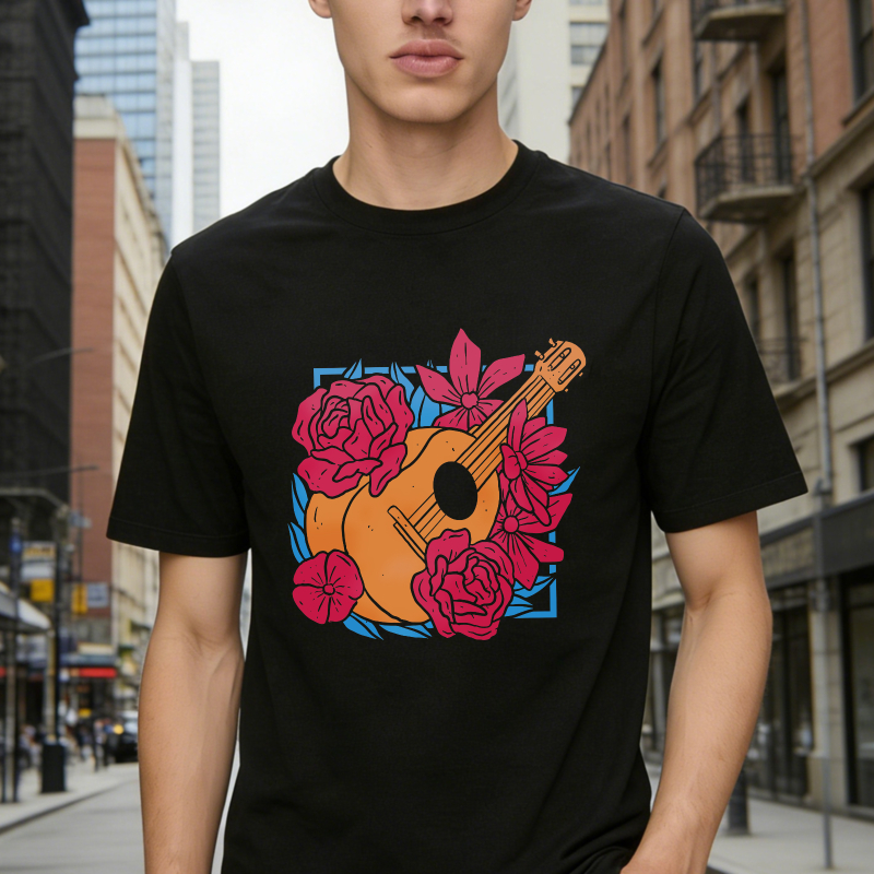 Acoustic Guitar With Red Roses And Tropical Flowers Unisex Classic T Shirt