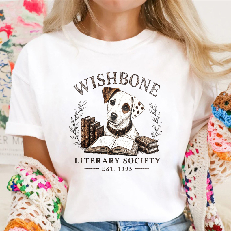 Wishbone Literary Society Est 1995 Dog With Books Vintage Illustration, Unisex Classic T-shirt