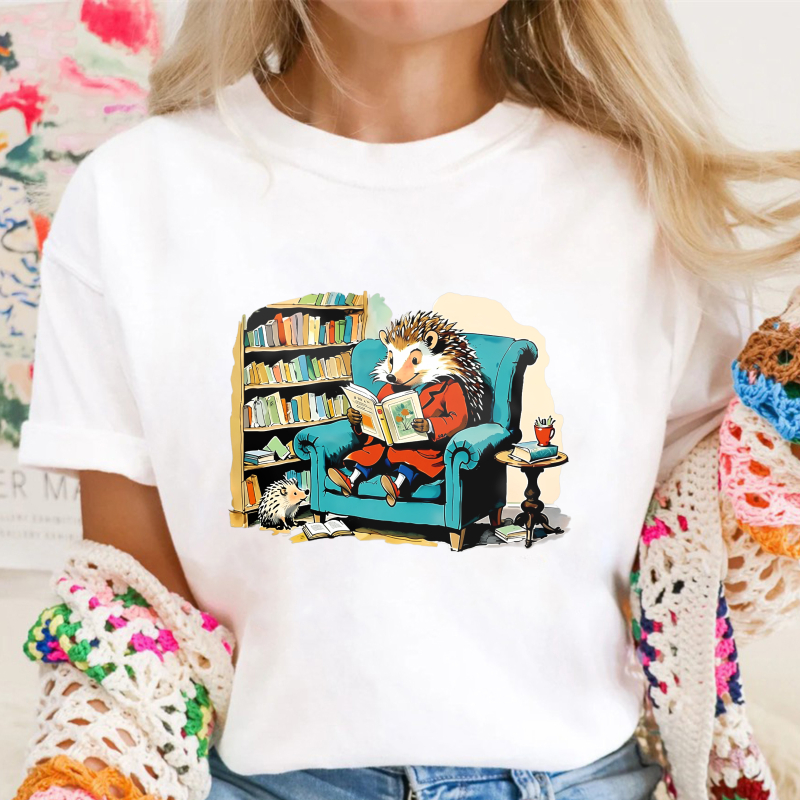 Hedgehog Reading Book In Library Armchair Illustration, Unisex Classic T-shirt