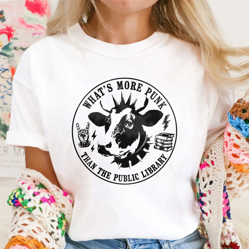 Punk Cow With Books And Rock Hand Gesture Graphic, Unisex Classic T-shirt