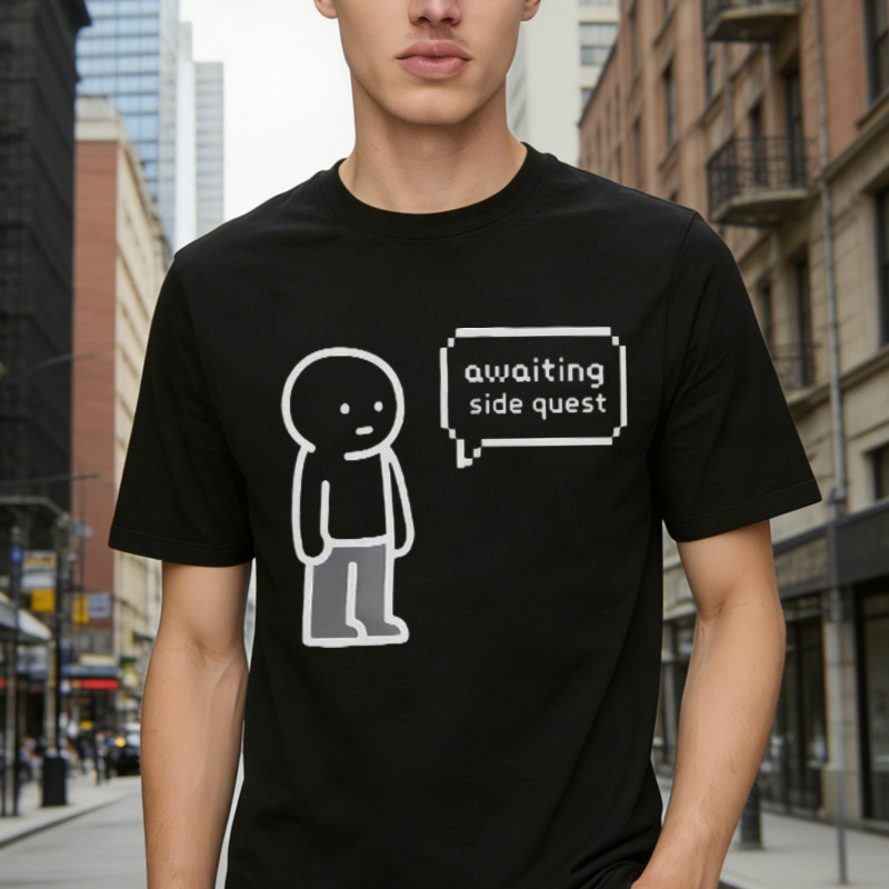 Awaiting Side Quest Pixel Art Stick Figure Gamer Humor T-shirt
