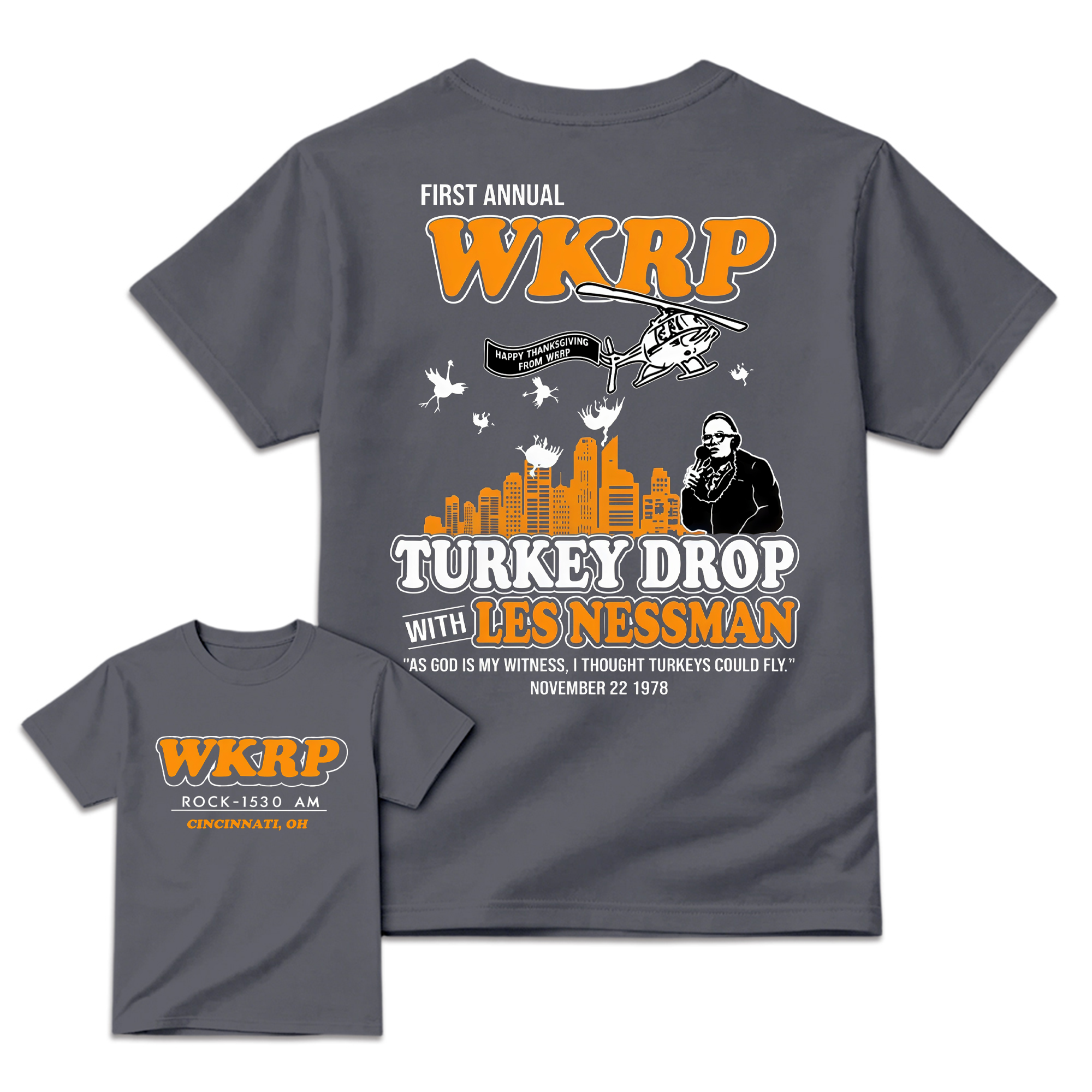 WKRP Turkey Drop T-Shirt, Les Nessman Thanksgiving Graphic Tee